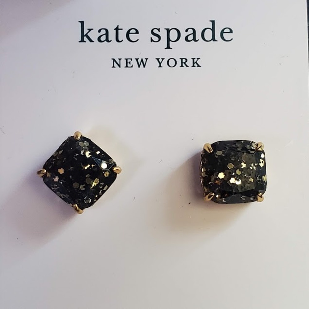 Kate Spade New York Black & Gold Glitter Square Stud Earrings NWT Gift